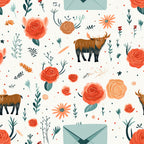 coral, peach, teal, cream, highland cows, roses, floral motifs, envelopes, botanical elements, whimsical illustrations, hand-drawn style,, fabric panel, pastoral theme, folk art, rustic charm, repeating pattern, nature inspired, cottage core, artisan design