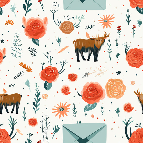 coral, peach, teal, cream, highland cows, roses, floral motifs, envelopes, botanical elements, whimsical illustrations, hand-drawn style,, fabric panel, pastoral theme, folk art, rustic charm, repeating pattern, nature inspired, cottage core, artisan design