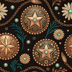 bronze gold, turquoise, teal, cream, dark brown, western, bohemian, celestial, stars, floral, daisies, chains, pearls, vintage, steampunk, elegant, ornate, decorative medallions, southwestern, rustic, boho chic, nature inspired, botanical, beaded details, ornamental, timeless, sophisticated, star motifs, earth tones