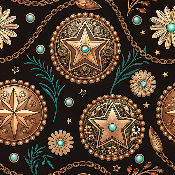 bronze gold, turquoise, teal, cream, dark brown, western, bohemian, celestial, stars, floral, daisies, chains, pearls, vintage, steampunk, elegant, ornate, decorative medallions, southwestern, rustic, boho chic, nature inspired, botanical, beaded details, ornamental, timeless, sophisticated, star motifs, earth tones