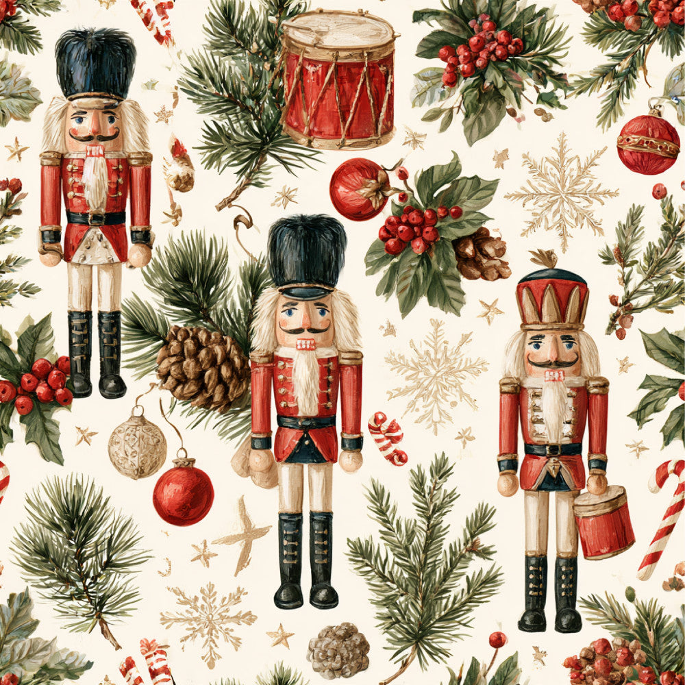 nutcracker, holiday, christmas, vintage, traditional, red, cream, gold, green, festive, nutcracker soldiers, evergreen branches, holly berries, candy canes, snowflakes, ornaments, drums, whimsical, nostalgic, seasonal, winter, elegant, classic, children's, kids room, playroom, nursery, celebration, timeless