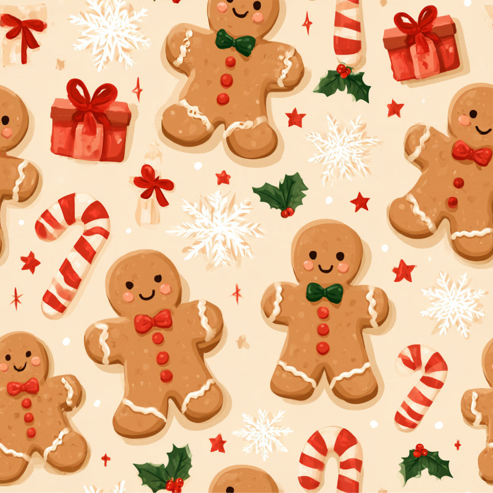 gingerbread men, candy canes, christmas, holiday, festive, cream, red, white, green, gold, tan, brown, whimsical, cute, playful, children, kids, nursery, playroom, candy, sweets, desserts, snowflakes, holly, bows, stars, cheerful, seasonal, winter, baking theme