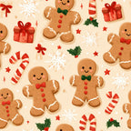 gingerbread men, candy canes, christmas, holiday, festive, cream, red, white, green, gold, tan, brown, whimsical, cute, playful, children, kids, nursery, playroom, candy, sweets, desserts, snowflakes, holly, bows, stars, cheerful, seasonal, winter, baking theme