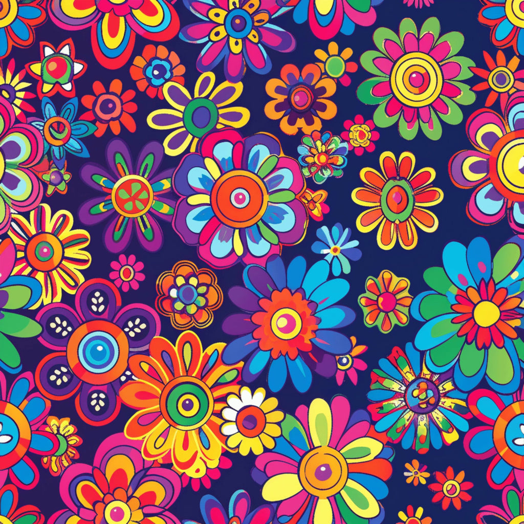 rainbow flowers, psychedelic blooms, hippie style, retro floral, bright pink, electric blue, lime green, orange petals, yellow centers, purple background, groovy pattern, 1960s inspired, flower power, kaleidoscope colors, whimsical florals,, fabric panel, bohemian design, vibrant blooms, daisy motifs