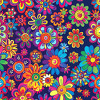 rainbow flowers, psychedelic blooms, hippie style, retro floral, bright pink, electric blue, lime green, orange petals, yellow centers, purple background, groovy pattern, 1960s inspired, flower power, kaleidoscope colors, whimsical florals,, fabric panel, bohemian design, vibrant blooms, daisy motifs
