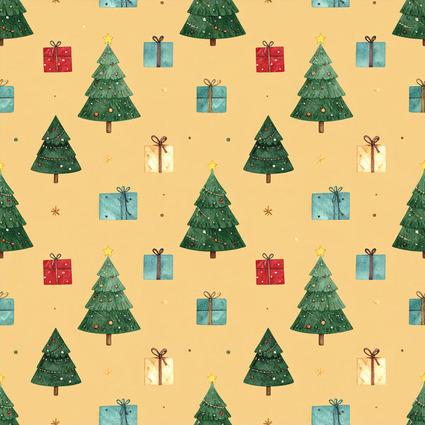 christmas, holiday, festive, winter, cream, pale yellow, forest green, dark green, turquoise, red, gold, brown, christmas trees, wrapped presents, gift boxes, ornaments, stars, snowflakes, decorative bows, ribbons, whimsical, cheerful, playful, nursery, kids room, playroom, children's, seasonal, festive decor, traditional christmas