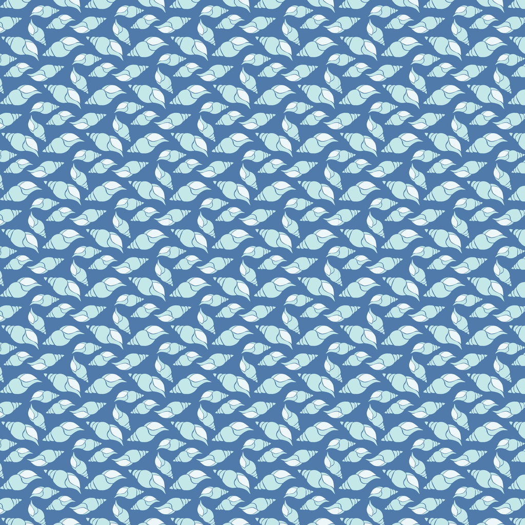 navy blue, light blue, white, seashells, conch shells, spiral shells, ocean pattern, nautical design, marine life, beach theme,, fabric panel, repeating pattern, coastal motif, sea creatures, ocean blue, shell collection, maritime style, summer fabric, aquatic design