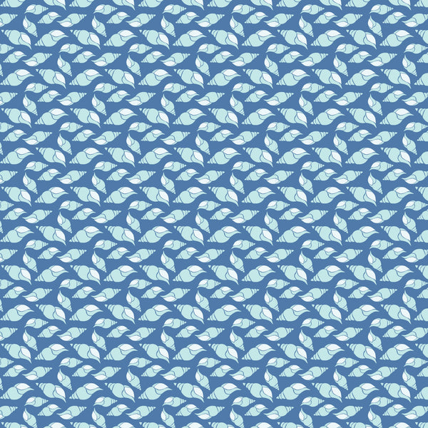 navy blue, light blue, white, seashells, conch shells, spiral shells, ocean pattern, nautical design, marine life, beach theme,, fabric panel, repeating pattern, coastal motif, sea creatures, ocean blue, shell collection, maritime style, summer fabric, aquatic design