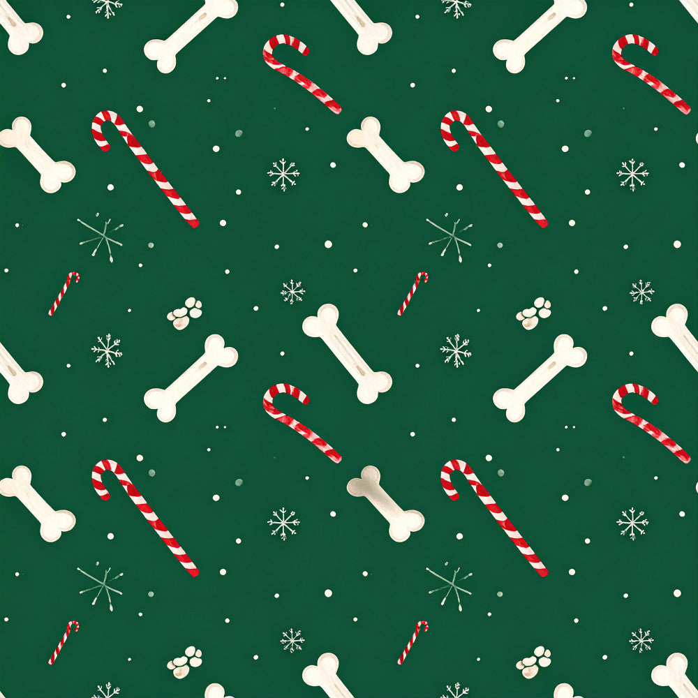 forest green, cream, red and white, candy cane, bones, snowflakes, dog bones, holiday, christmas, winter, festive, whimsical, playful, kids, children, puppy theme, dog lover, pet themed, candy stripe, scattered pattern, seasonal, pet nursery, playroom, dog print, striped candy canes, winter wonderland, cheerful, fun, decorative