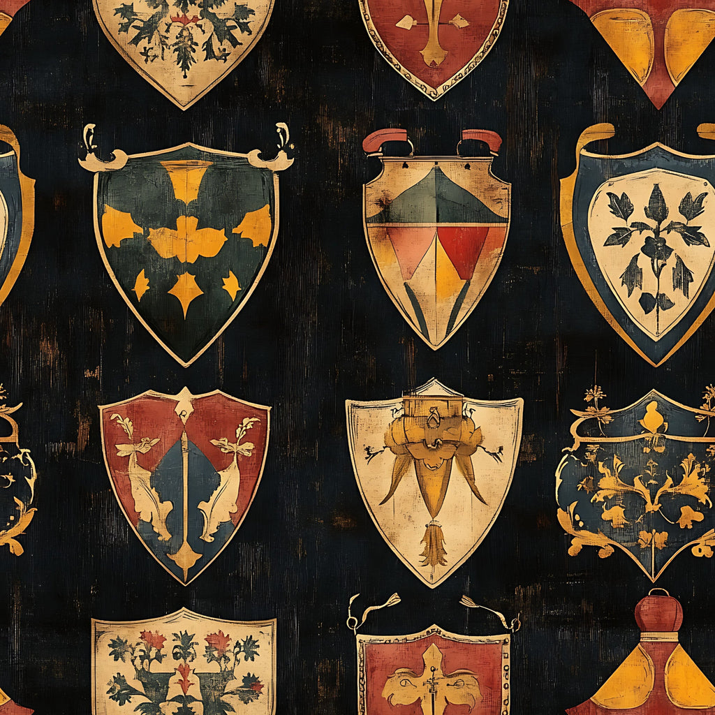 medieval heraldry, coat of arms, shield designs, banner motifs, rustic brown, golden yellow, deep red, forest green, cream beige, floral emblems, geometric patterns, vintage style,, fabric panel, heraldic symbols, weathered texture, european inspired, medieval aesthetic, decorative crests, armorial bearings