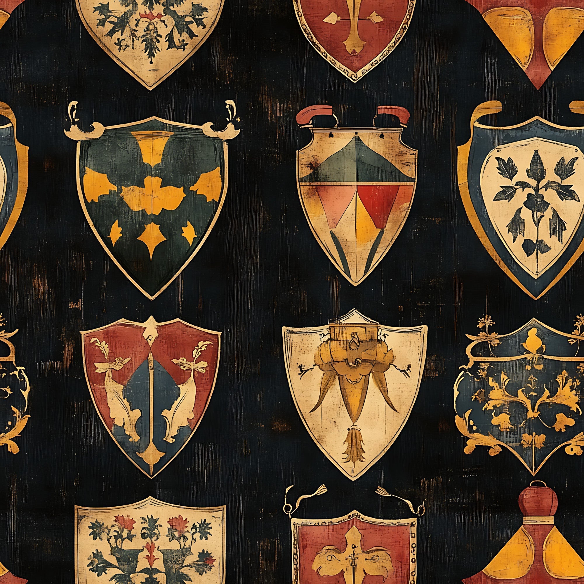 medieval heraldry, coat of arms, shield designs, banner motifs, rustic brown, golden yellow, deep red, forest green, cream beige, floral emblems, geometric patterns, vintage style,, fabric panel, heraldic symbols, weathered texture, european inspired, medieval aesthetic, decorative crests, armorial bearings
