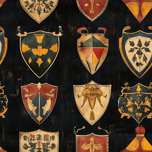 medieval heraldry, coat of arms, shield designs, banner motifs, rustic brown, golden yellow, deep red, forest green, cream beige, floral emblems, geometric patterns, vintage style,, fabric panel, heraldic symbols, weathered texture, european inspired, medieval aesthetic, decorative crests, armorial bearings