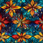 stained glass, christmas pattern,, fabric panel, floral motifs, star flowers, vibrant colors, orange petals, red accents, yellow highlights, teal background, purple shades, geometric design, mosaic effect, holiday fabric, winter theme, decorative pattern, craft material, sewing fabric, kaleidoscope design