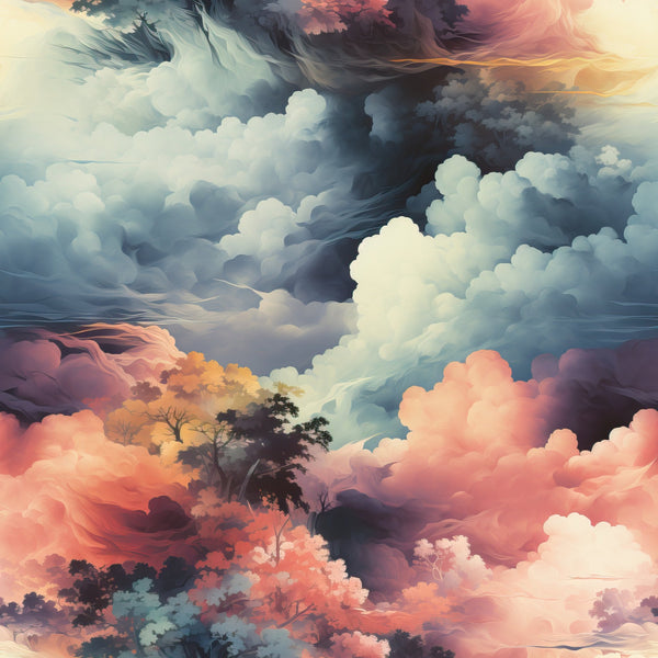 colorful clouds, dramatic sky, sunset colors, coral pink, peach tones, blue gray, stormy clouds, ethereal atmosphere, dreamy landscape, silhouette trees, nature scene, painterly style,, fabric panel, moody sky, atmospheric art, cloud formations, romantic mood, soft pastels, landscape design