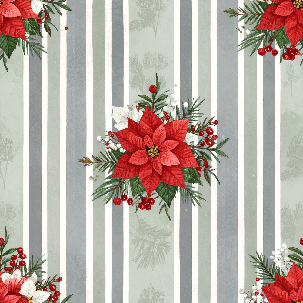 red poinsettia, white berries, evergreen, striped, holiday, christmas, festive, elegant, traditional, red and white, gray and white, nature, floral, botanical, winter, seasonal, cream, sage green, berry clusters, needle leaves, sophisticated, formal, classic, decorative panel, home decor, seasonal décor, timeless, festive floral