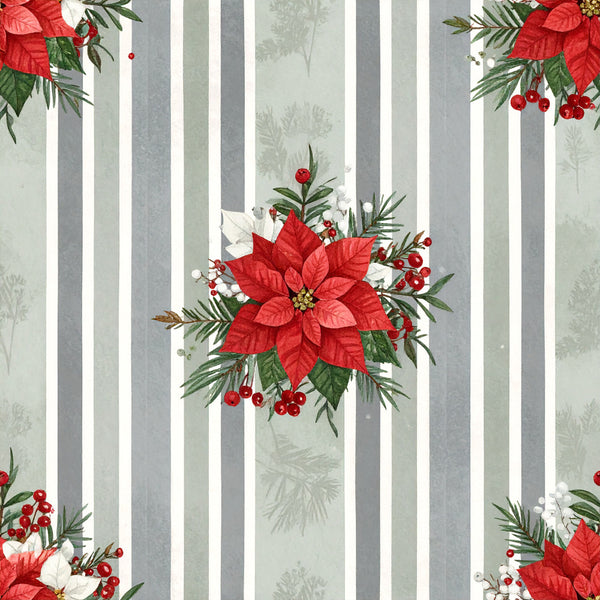 red poinsettia, white berries, evergreen, striped, holiday, christmas, festive, elegant, traditional, red and white, gray and white, nature, floral, botanical, winter, seasonal, cream, sage green, berry clusters, needle leaves, sophisticated, formal, classic, decorative panel, home decor, seasonal décor, timeless, festive floral