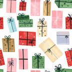 coral red, sage green, dusty pink, cream, lavender, light blue, tan, gift boxes, wrapped presents, bows, ribbons, polka dots, hand-drawn, whimsical, playful, modern, holiday, christmas, celebration, festive, gift giving, children, kids room, nursery, baby shower, toddler, cheerful, colorful, scattered pattern, repeating design