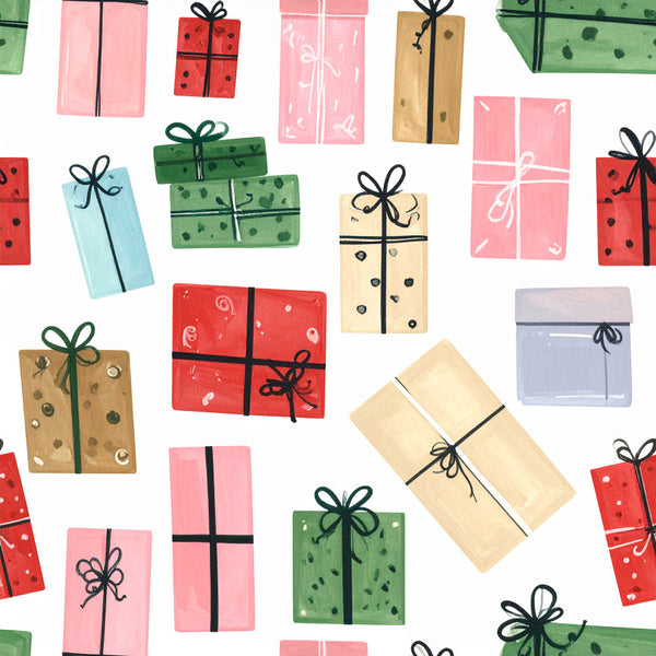 coral red, sage green, dusty pink, cream, lavender, light blue, tan, gift boxes, wrapped presents, bows, ribbons, polka dots, hand-drawn, whimsical, playful, modern, holiday, christmas, celebration, festive, gift giving, children, kids room, nursery, baby shower, toddler, cheerful, colorful, scattered pattern, repeating design