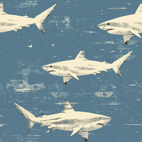 sharks, ocean blue, cream white, swimming pattern, marine life, underwater scene, distressed texture, vintage style,, fabric panel, sea creatures, nautical theme, aquatic animals, weathered look, coastal design, swimming motion, ocean depths, masculine colors, repetitive pattern, stylized illustration