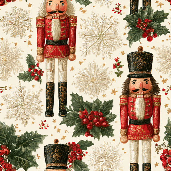 nutcracker, holiday, christmas, red, cream, gold, green, vintage, traditional, festive, nutcracker soldier, snowflake, holly, berries, elegant, whimsical, winter, seasonal, decorative, formal wear, toy soldier, classic christmas, children's, kids, red and gold, cream colored, winter wonderland, nostalgic, victorian style