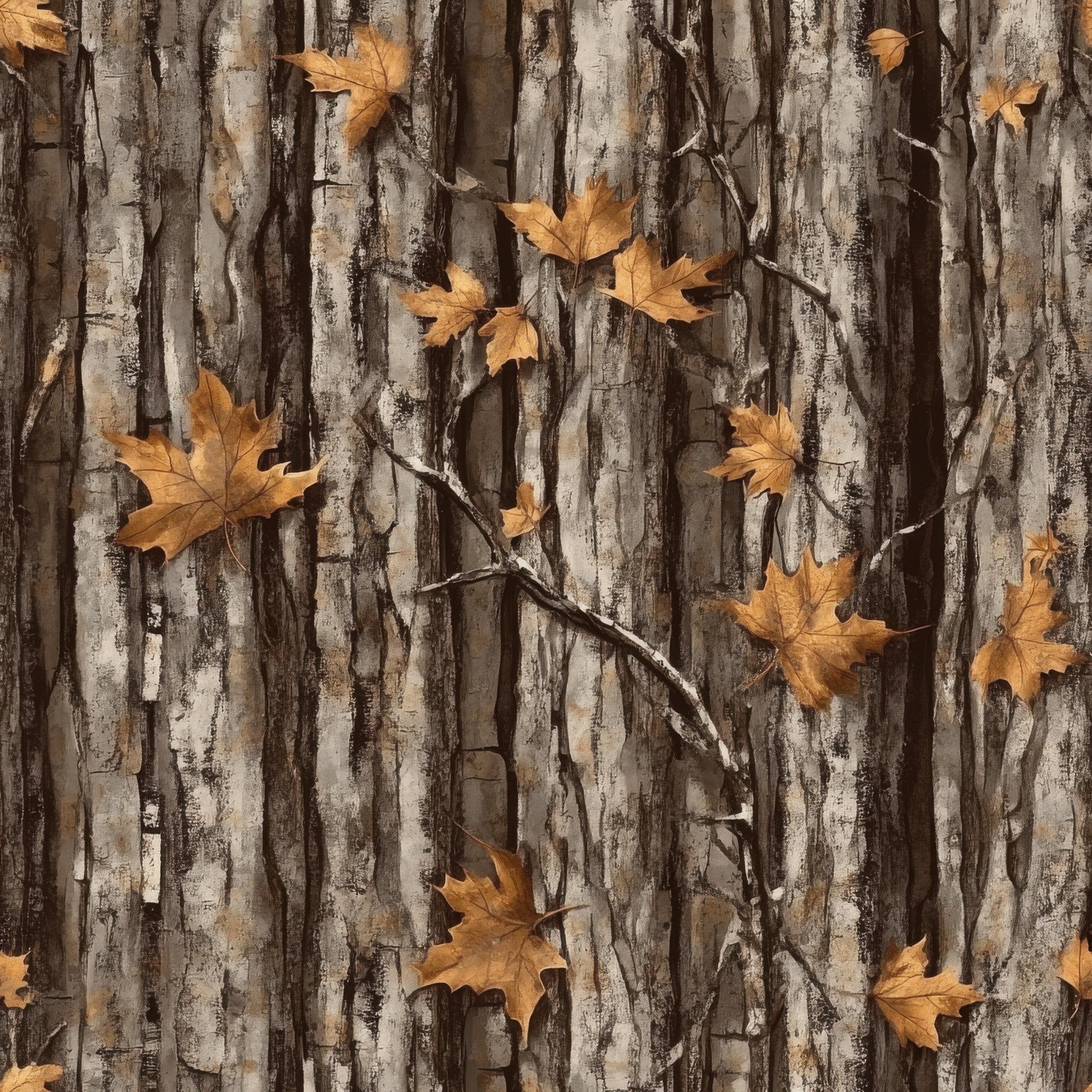 realistic camo, hunting pattern, tree bark texture, autumn leaves, maple leaves, orange leaves, brown bark, gray bark, woodland camouflage, nature pattern, fall foliage, rustic design, outdoor theme,, fabric panel, earth tones, forest scene, camouflage print, hunting theme, autumn colors