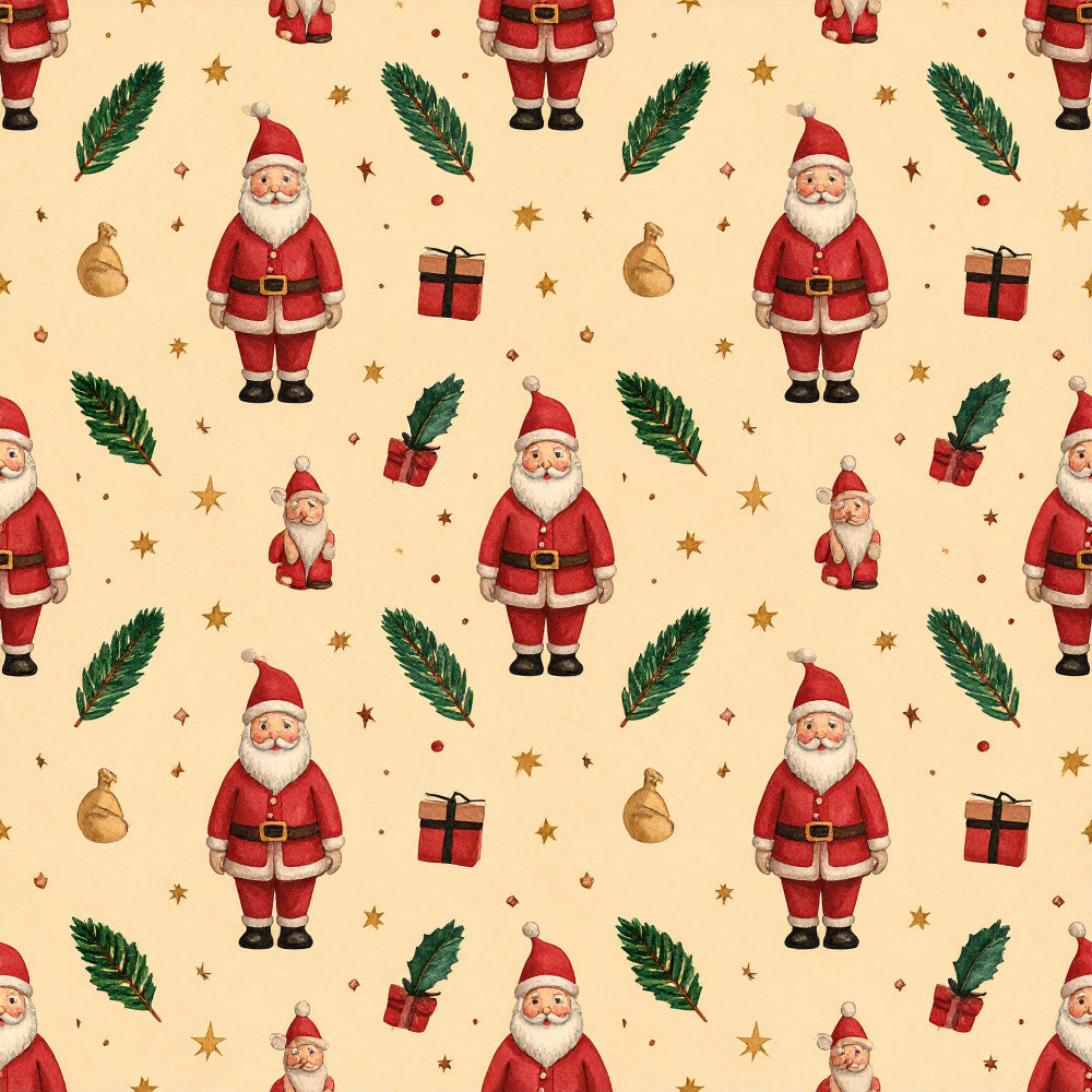 christmas santa, holiday, festive, red, cream, golden yellow, forest green, dark red, christmas trees, pine branches, evergreen, gifts, presents, stars, ornaments, gold baubles, whimsical, traditional, vintage, winter, seasonal, children's, kids room, nursery, playroom, santa claus, jolly, cheerful, december, yuletide
