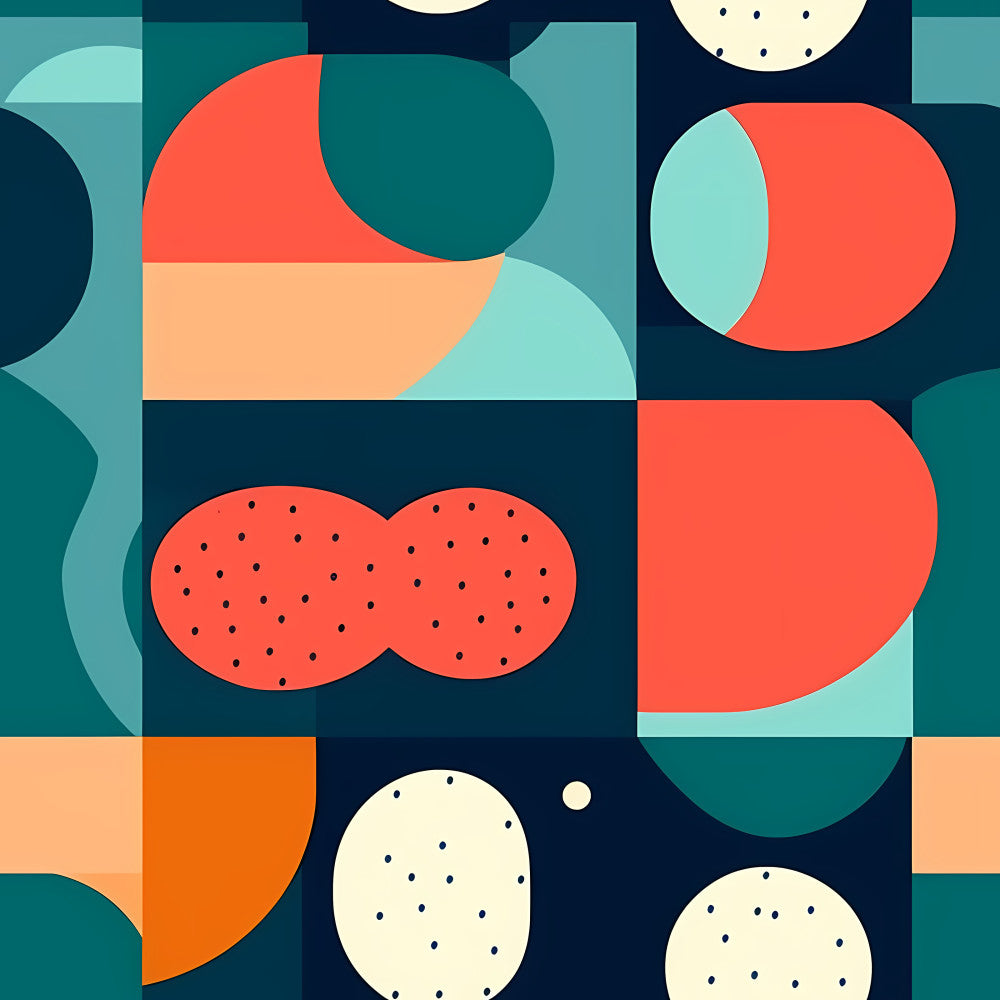 coral red, navy blue, teal, mint green, peach, cream, geometric, modern, abstract, circles, ovals, dots, mid-century modern, retro, contemporary, playroom, kids room, nursery, whimsical, vibrant, bold, fruit inspired, summer, spring, contemporary design, color block, minimalist, artistic, paneled design