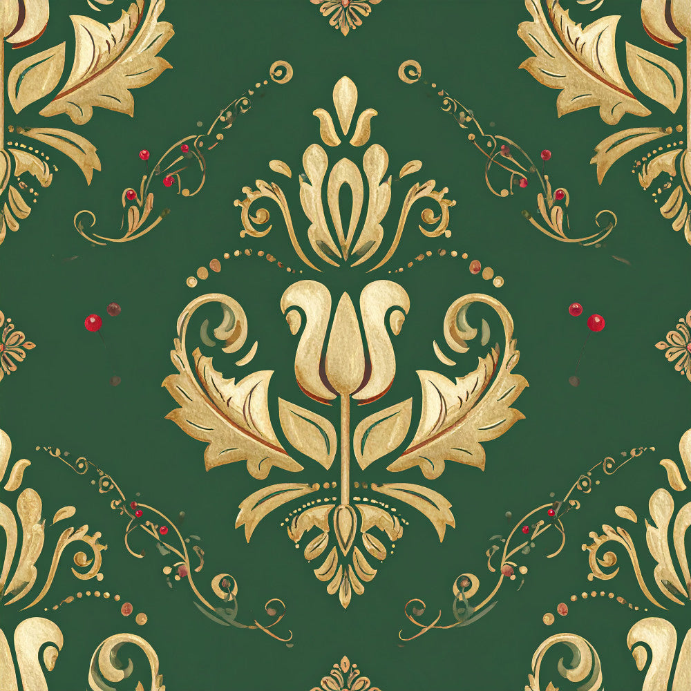 forest green, gold, cream, damask, floral, ornamental, baroque, victorian, elegant, traditional, luxe, botanical, tulip, scrollwork, acanthus leaves, jewel tones, vintage, classical, ornate, decorative, formal, regal, sophisticated, nature-inspired, timeless, embellished, intricate detail, upholstery-inspired