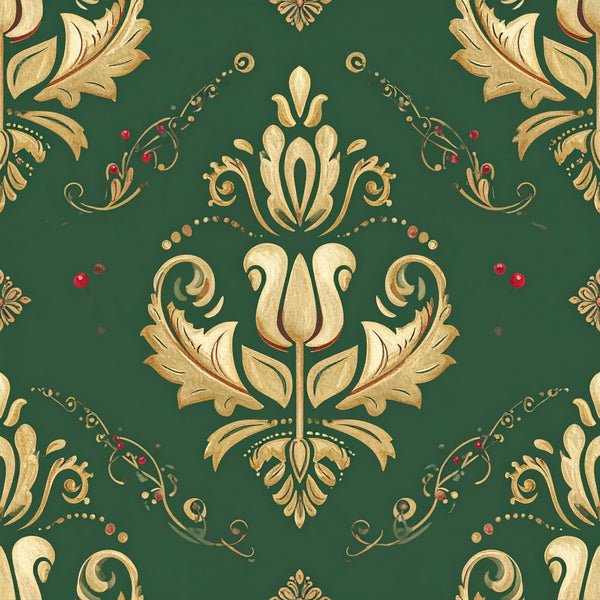 forest green, gold, cream, damask, floral, ornamental, baroque, victorian, elegant, traditional, luxe, botanical, tulip, scrollwork, acanthus leaves, jewel tones, vintage, classical, ornate, decorative, formal, regal, sophisticated, nature-inspired, timeless, embellished, intricate detail, upholstery-inspired