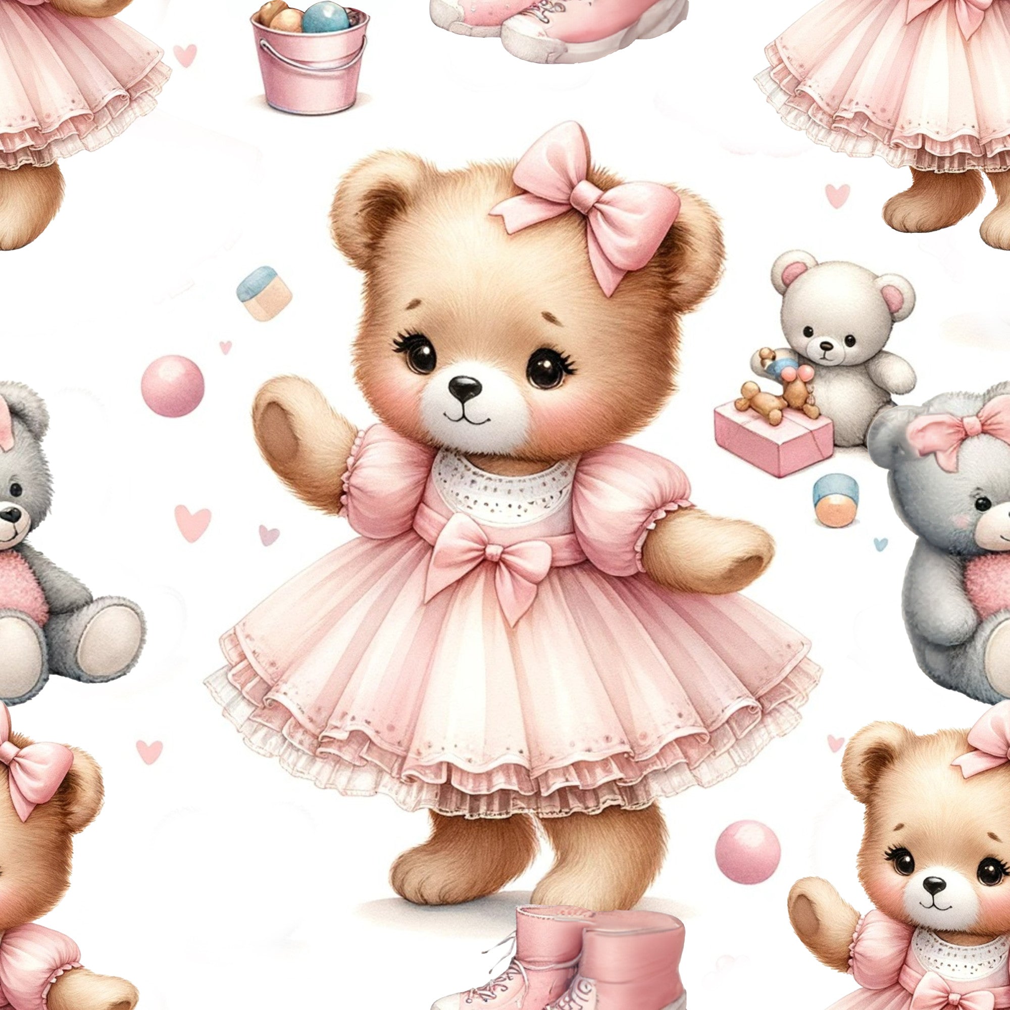 pink, soft pink, blush pink, teddy bears, baby bears, cute bears, bow ties, pink bows, tulle dresses, ballet tutus, kawaii style, whimsical, nursery theme, baby girl, sweet, adorable,, fabric panel, children's fabric, pastel colors, hearts, toys, playful pattern