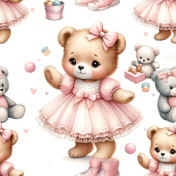 pink, soft pink, blush pink, teddy bears, baby bears, cute bears, bow ties, pink bows, tulle dresses, ballet tutus, kawaii style, whimsical, nursery theme, baby girl, sweet, adorable,, fabric panel, children's fabric, pastel colors, hearts, toys, playful pattern
