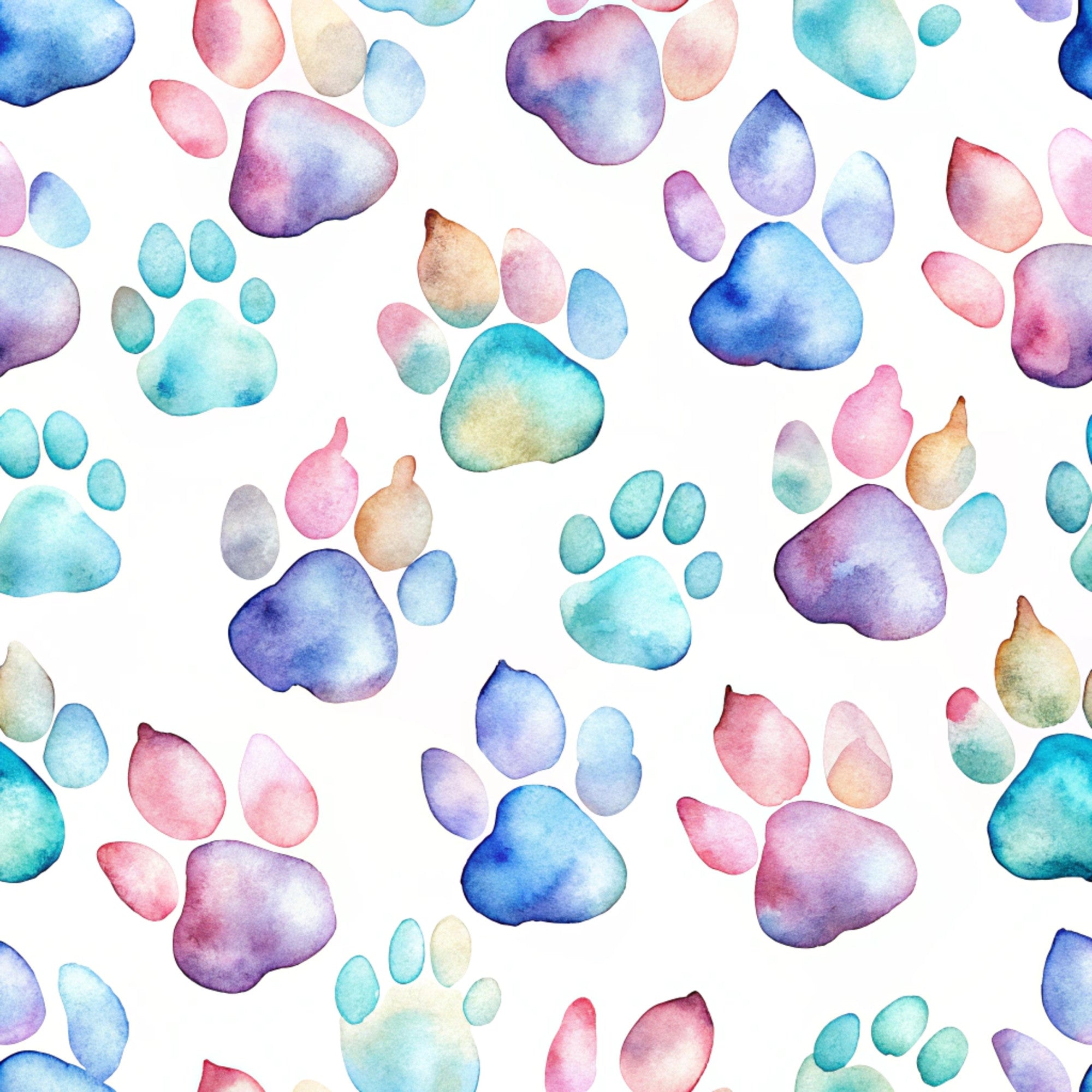 watercolor paws, dog paw prints, pastel colors, blue watercolor, pink watercolor, purple watercolor, turquoise watercolor, seamless pattern, pet themed, animal prints,, fabric panel, soft pastels, whimsical design, paw pattern, gradient colors, craft fabric, sewing material, repeating motif, artistic watercolor