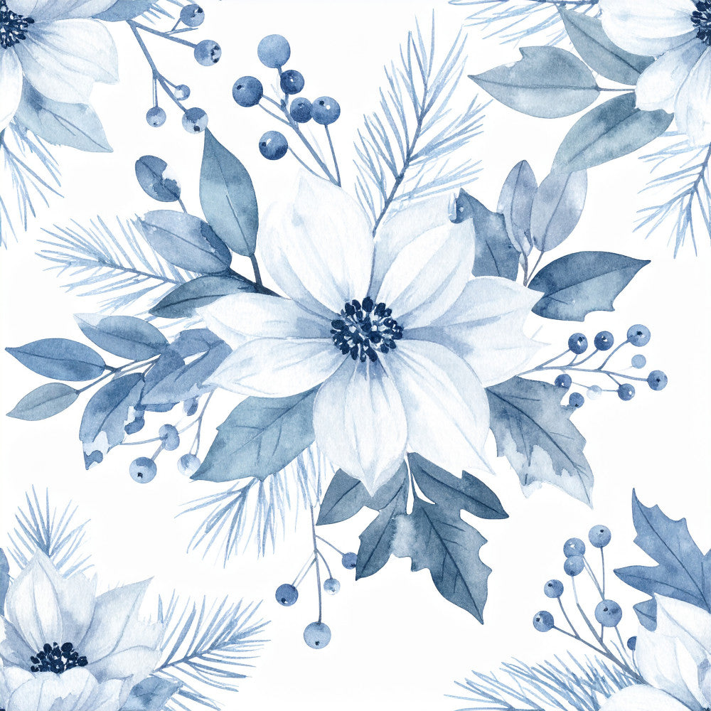 blue and white floral, slate blue, dusty blue, watercolor flowers, botanical, nature, elegant, soft florals, winter florals, holiday, christmas, pine branches, berries, leaves, delicate flowers, peaceful, calm, nursery, baby, modern floral, monochromatic blue, cool tones, grey blue, anemone flowers, evergreen, festive, serene, soothing