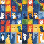 cat faces, geometric cats, patchwork squares, quilting panel, cotton fabric, colorful grid, orange, blue, yellow, red, green, white, black, purple, modern art style, stylized animals, bright colors, contrasting backgrounds, feline portraits, contemporary design, crafting material