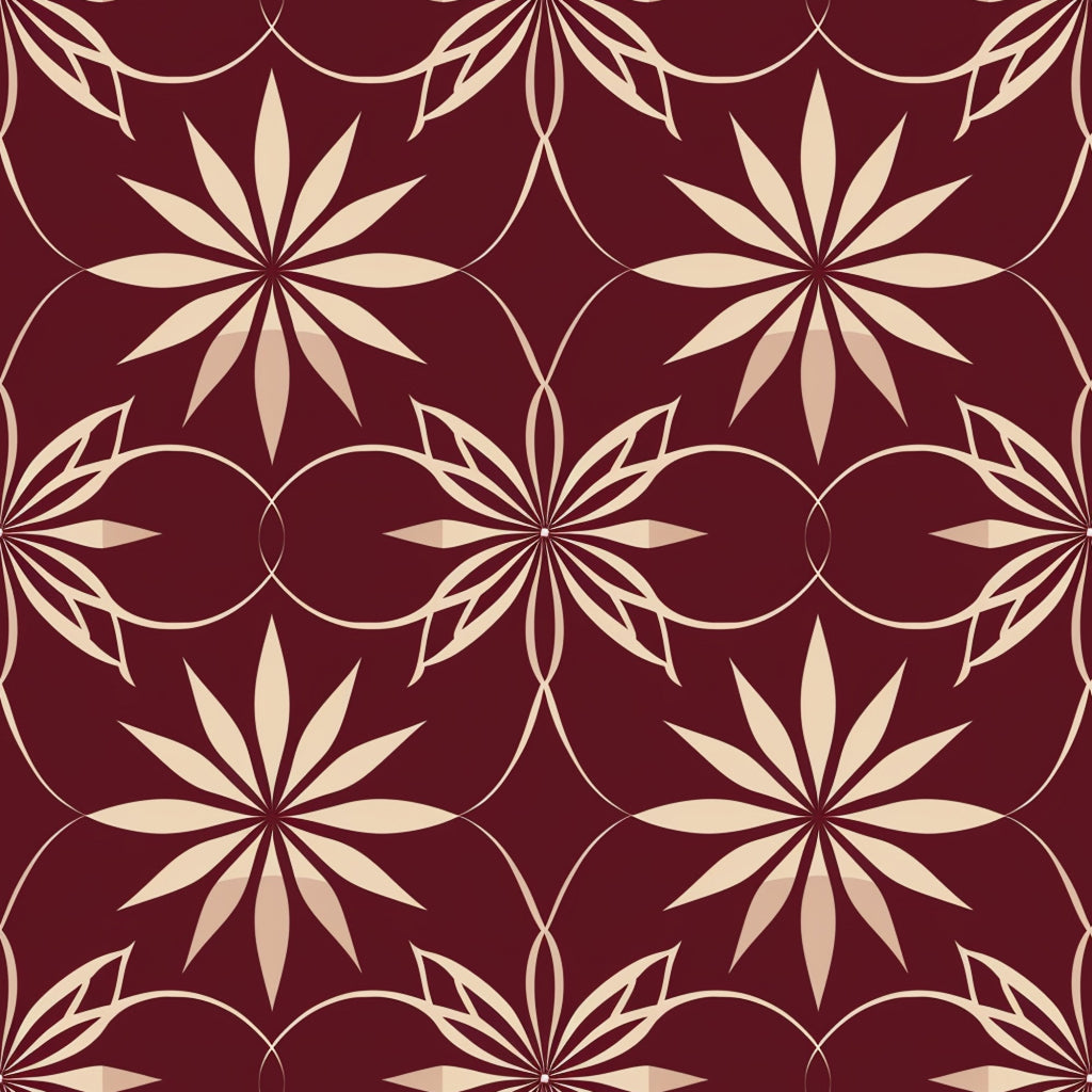 burgundy, cream, beige, abstract pattern, geometric design, star motifs, radiating petals, circular elements, intersecting circles, floral geometry, repeating pattern,, fabric panel, ornamental design, decorative motif, symmetrical pattern, elegant design, rich colors, intricate geometry, seamless repeat