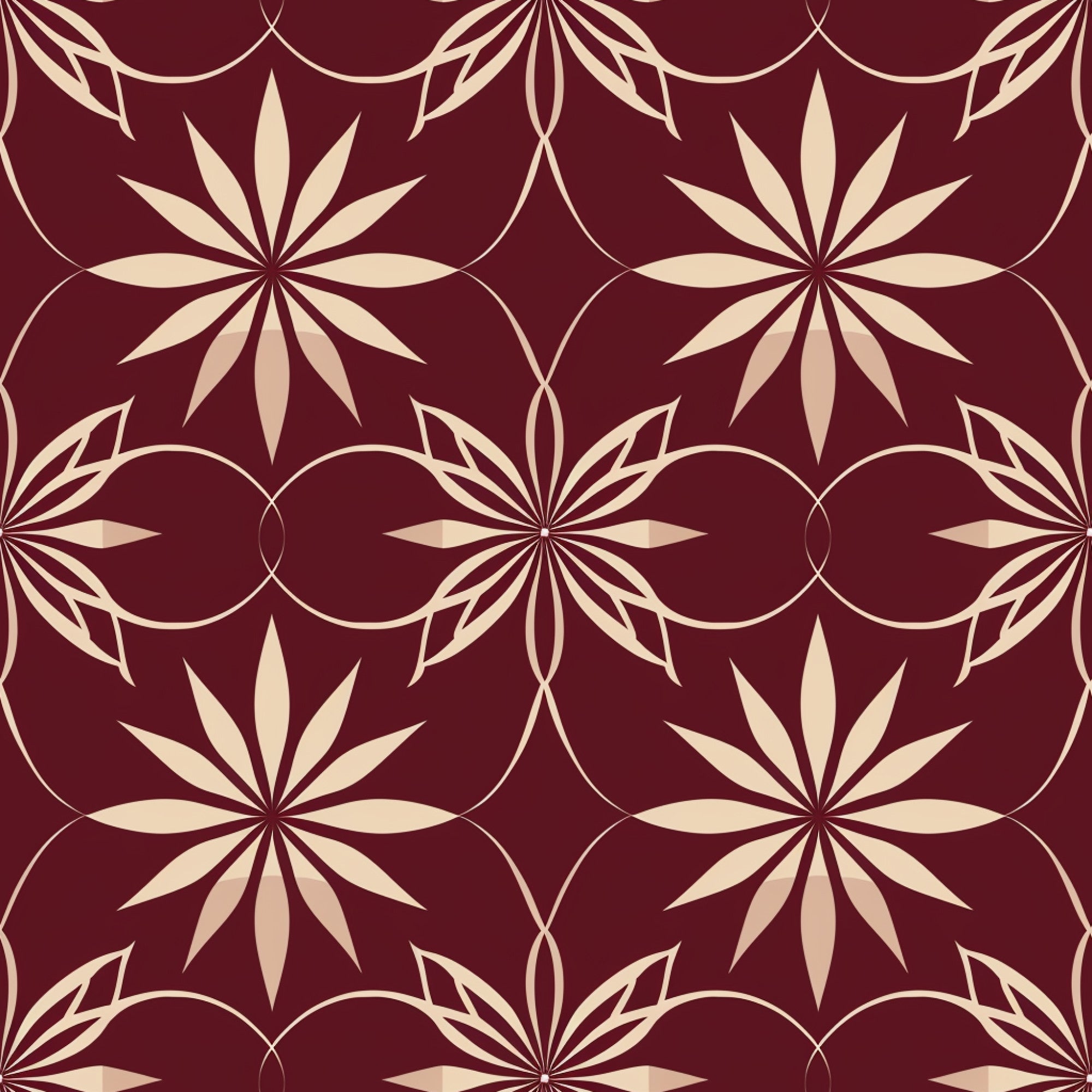 burgundy, cream, beige, abstract pattern, geometric design, star motifs, radiating petals, circular elements, intersecting circles, floral geometry, repeating pattern,, fabric panel, ornamental design, decorative motif, symmetrical pattern, elegant design, rich colors, intricate geometry, seamless repeat