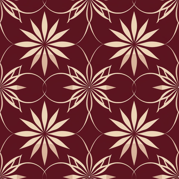 burgundy, cream, beige, abstract pattern, geometric design, star motifs, radiating petals, circular elements, intersecting circles, floral geometry, repeating pattern,, fabric panel, ornamental design, decorative motif, symmetrical pattern, elegant design, rich colors, intricate geometry, seamless repeat