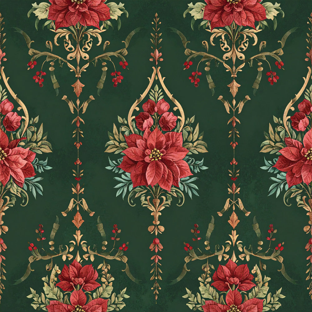 forest green, deep red, burgundy, cream, gold, vintage floral, damask, ornamental, elegant, traditional, botanical, poinsettia, berries, decorative scrolls, ornate, romantic, classic, luxe, holiday, christmas, winter, festive, nature-inspired, garden, flowers, leaves, formal, sophisticated, timeless