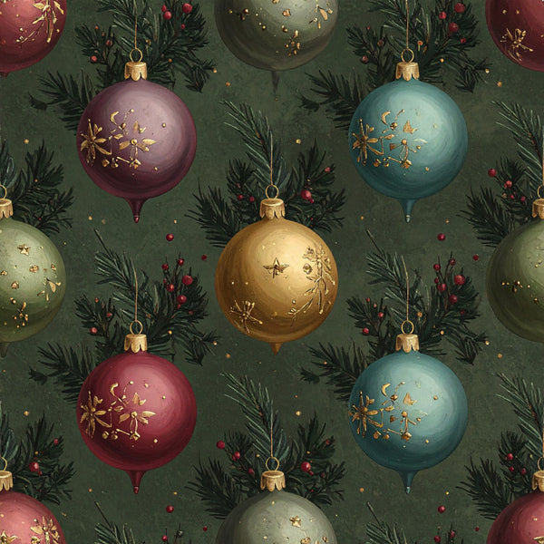 forest green, burgundy, teal blue, gold, sage green, cream, christmas, holiday, ornaments, baubles, evergreen branches, pinecones, berries, gold leaf details, elegant, traditional, festive, winter, celestial, stars, moon, botanical, nature-inspired, sophisticated, luxurious, vintage-inspired, seasonal décor, home décor, gift fabric