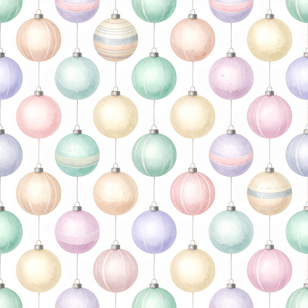 pastel ornaments, hanging baubles, christmas, holiday, festive, soft pastels, pale pink, dusty rose, sage green, mint green, soft purple, lavender, cream, ivory, pale yellow, whimsical, gentle, delicate, seasonal, winter, decorative baubles, metallic accents, silver caps, shiny details, elegant, sophisticated, nursery, baby room, kids room, gift fabric