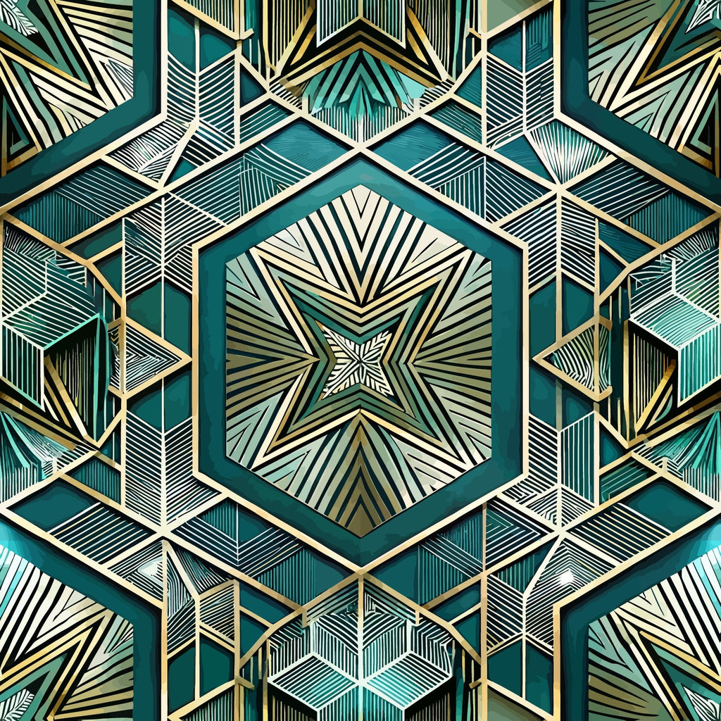 art deco, geometric pattern, teal, gold, cream, white, hexagonal shapes, radiating lines, symmetrical design, star motif, angular lines, metallic accents, vintage style, repeating pattern,, fabric panel, structured geometry, dimensional effect, sunburst design, sophisticated palette
