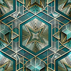 art deco, geometric pattern, teal, gold, cream, white, hexagonal shapes, radiating lines, symmetrical design, star motif, angular lines, metallic accents, vintage style, repeating pattern,, fabric panel, structured geometry, dimensional effect, sunburst design, sophisticated palette