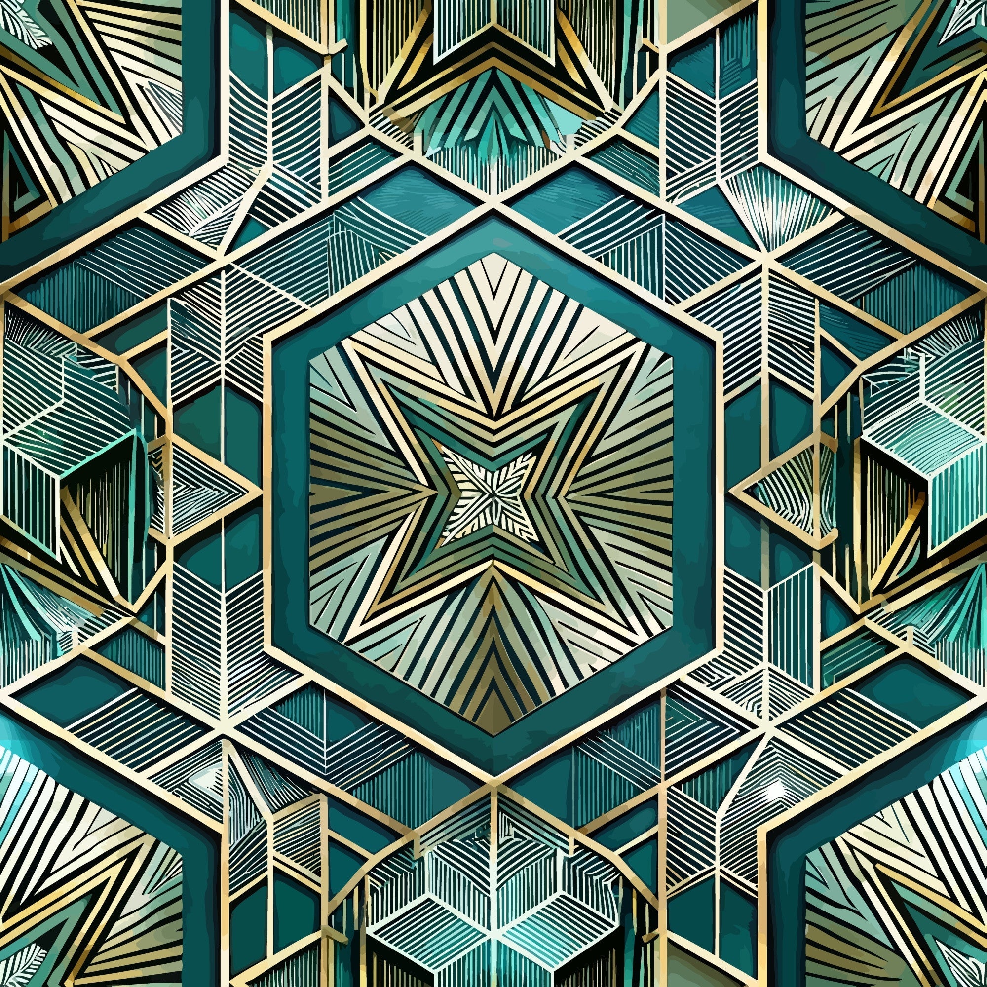 art deco, geometric pattern, teal, gold, cream, white, hexagonal shapes, radiating lines, symmetrical design, star motif, angular lines, metallic accents, vintage style, repeating pattern,, fabric panel, structured geometry, dimensional effect, sunburst design, sophisticated palette
