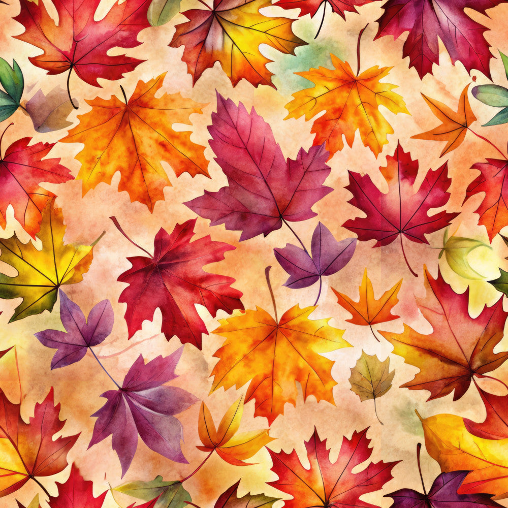 autumn leaves, fall foliage, maple leaves, seasonal, nature, watercolor, orange, red, yellow, purple, burgundy, gold, cream, warm tones, whimsical, vibrant, colorful, thanksgiving, harvest, forest, botanical, leaf pattern, transitional style, home decor, cozy, warm palette, multi-colored leaves