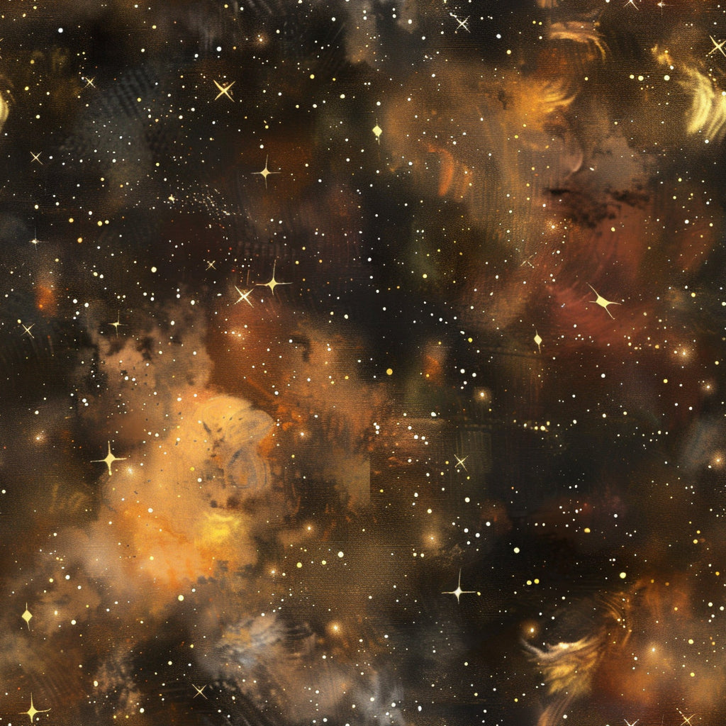 brown, amber, golden, orange, rust, black, galaxy, stars, nebula, cosmic, space, celestial, painted effect, swirled clouds, starfield,, fabric panel, astronomical, deep space, warm tones, cosmic dust, stellar, universe