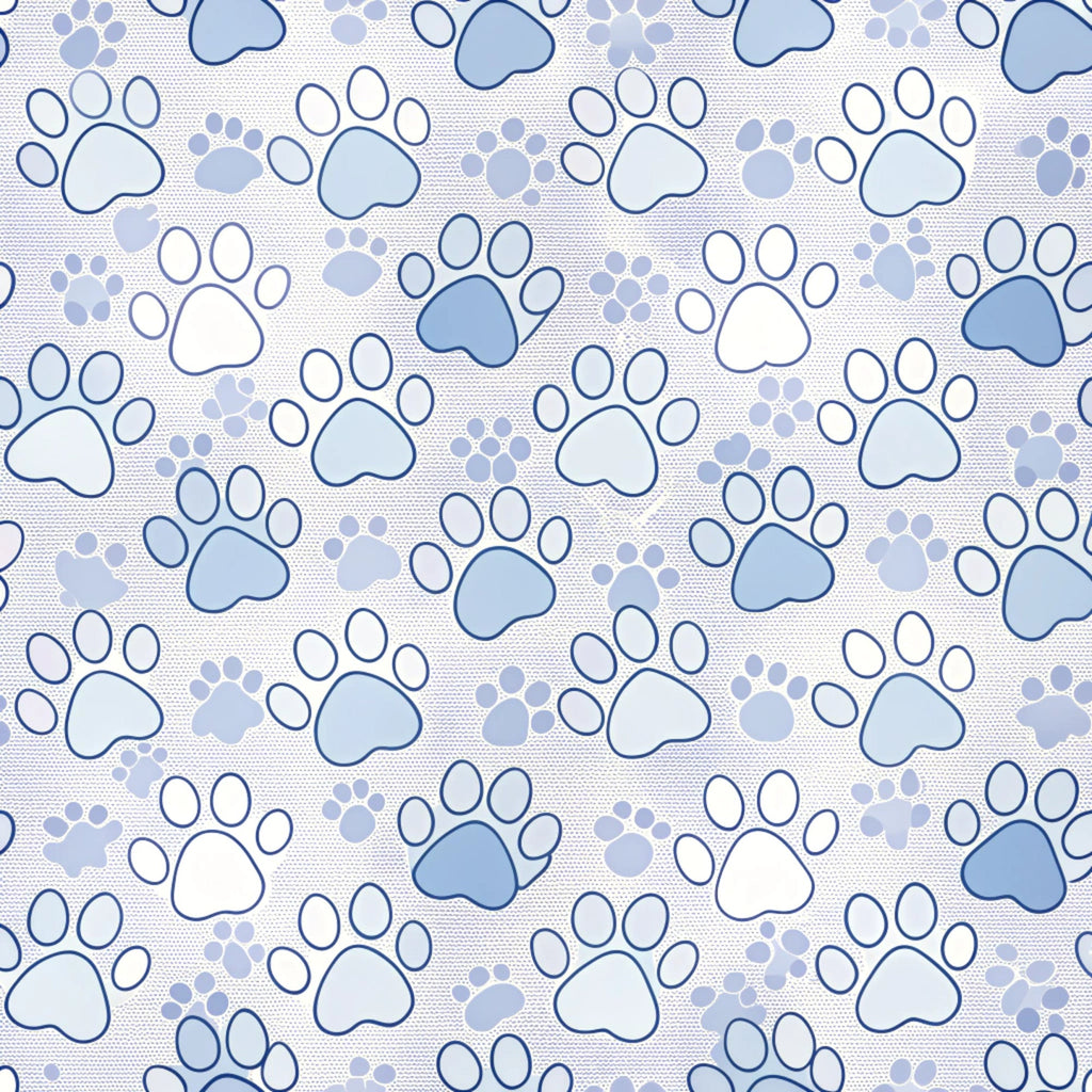 dog paws, paw prints, blue, light blue, periwinkle, white, cream, beige, animal prints, pet theme, scattered pattern, repeating motif,, fabric panel, playful, whimsical, cute animals, canine, dog lover, craft fabric, sewing material