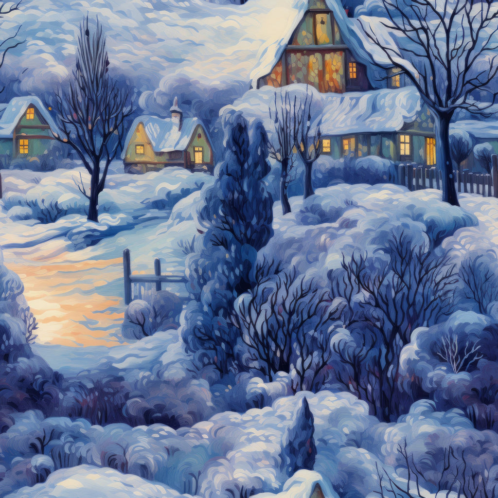 winter scene, snow-covered houses, twilight sky, blue tones, purple hues, warm yellow windows, cottage homes, bare trees, snowy landscape,, fabric panel, cozy village, evening light, frost covered, winter wonderland, peaceful scene, residential buildings, cold weather, seasonal design, artistic illustration