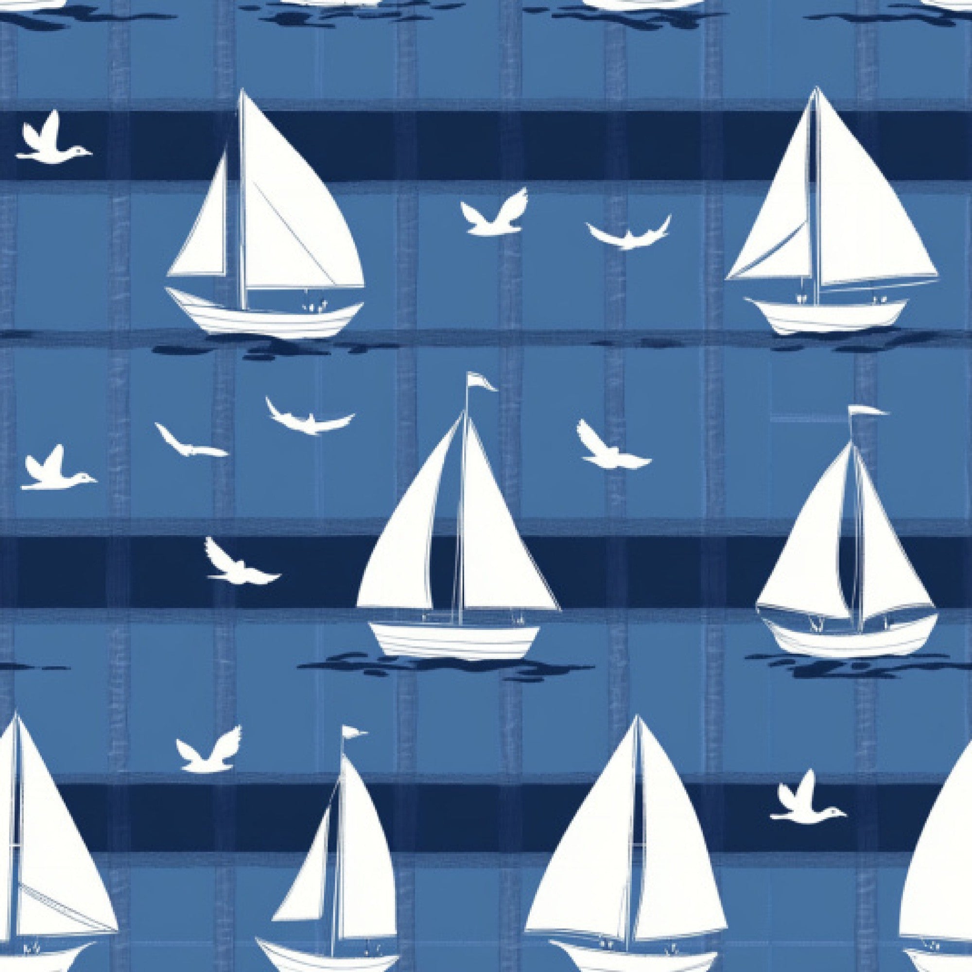 blue, navy blue, white, sailboats, sailing ships, seagulls, birds, nautical, maritime, ocean, water, stripes, repeating pattern,, fabric panel, coastal, marine theme, boats, sailing, geometric stripes