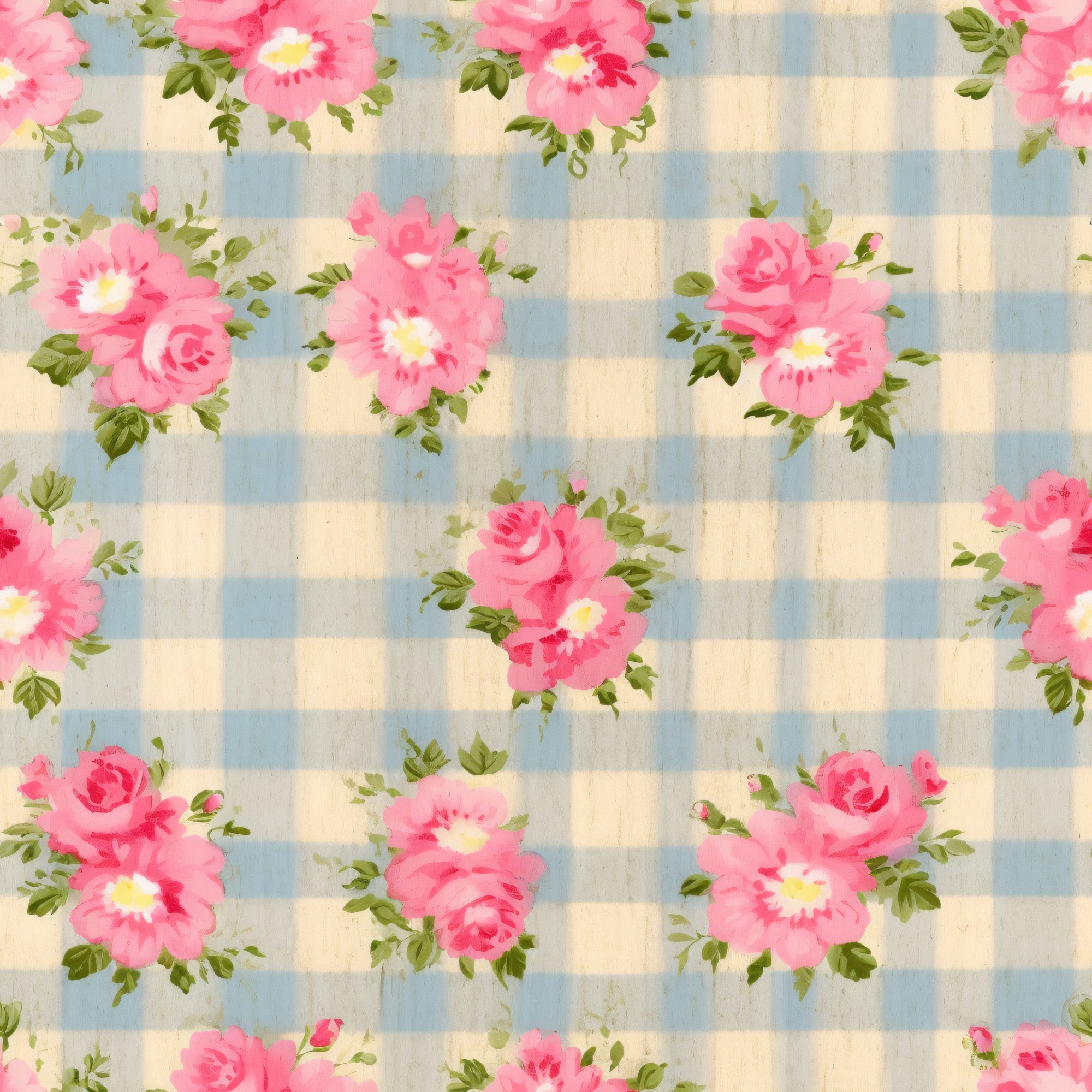 pink roses, blue gingham, cream checkered, floral pattern, country style, cottage core, vintage roses,, fabric panel, pastel colors, checkered background, rose blooms, green leaves, feminine design, shabby chic, romantic florals, soft pink, light blue, repeating pattern, quilting material