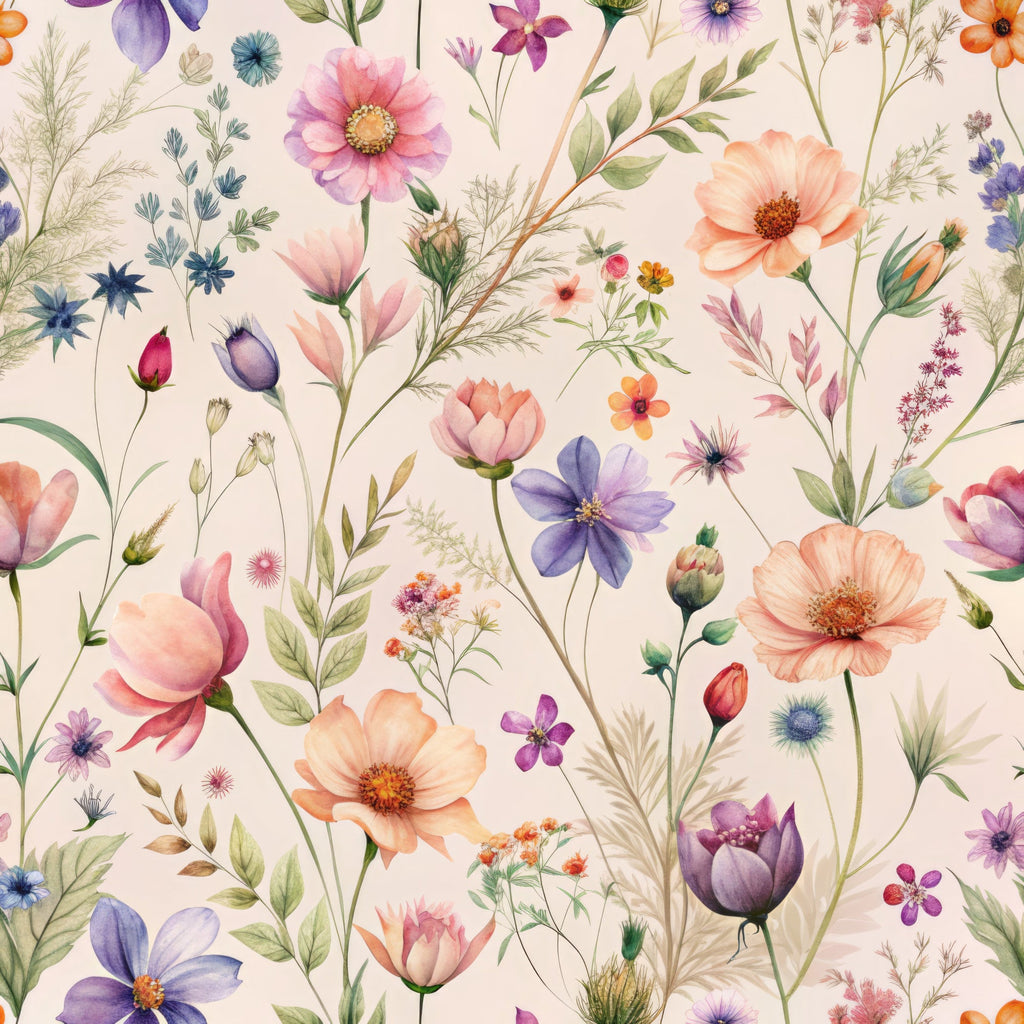 watercolor wildflowers, peach blossoms, purple tulips, coral poppies, botanical illustration, delicate florals, cream background, pastel palette, meadow flowers,, fabric panel, whimsical pattern, spring blooms, soft watercolors, floral motifs, nature inspired, vintage botanicals, scattered flowers, romantic florals, cottagecore aesthetic